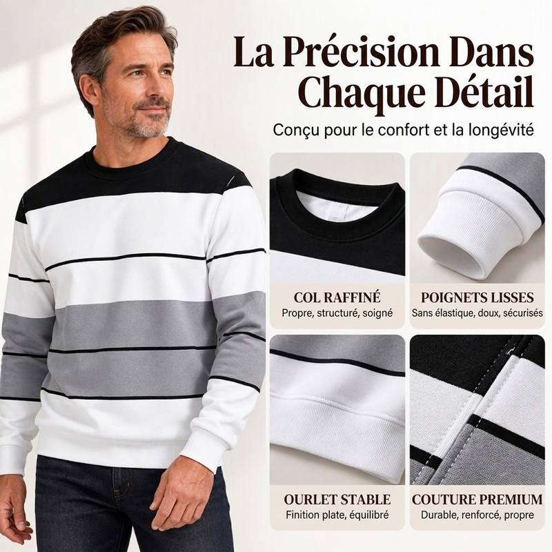 💖Soldes ! Prix cassés💖Sweat-shirt rayé à col rond pour hommes, style décontracté