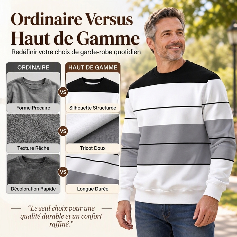💖Soldes ! Prix cassés💖Sweat-shirt rayé à col rond pour hommes, style décontracté