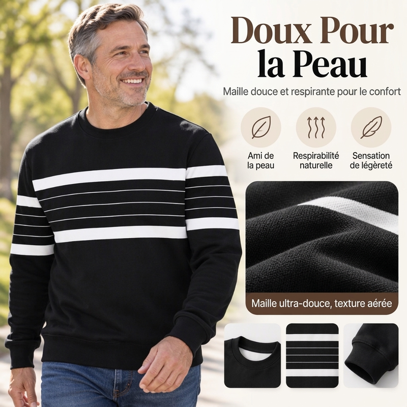 💖Soldes ! Prix cassés💖Sweat-shirt rayé à col rond pour hommes, style décontracté