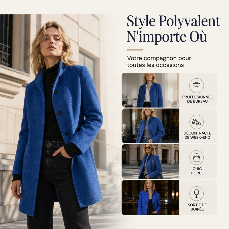 Manteau en laine vintage à col montant pour femme