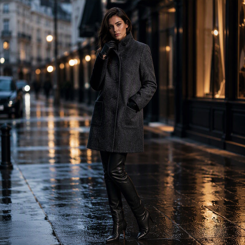 Manteau en laine vintage à col montant pour femme