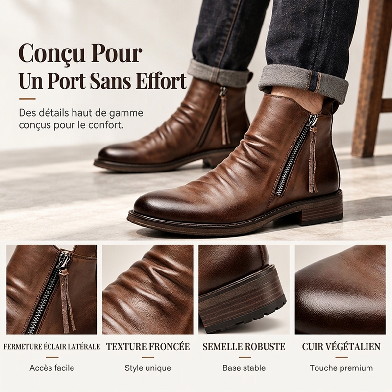 Bottes Chelsea vintage pour homme, bottes occidentales à bout rond avec fermeture éclair, style décontracté