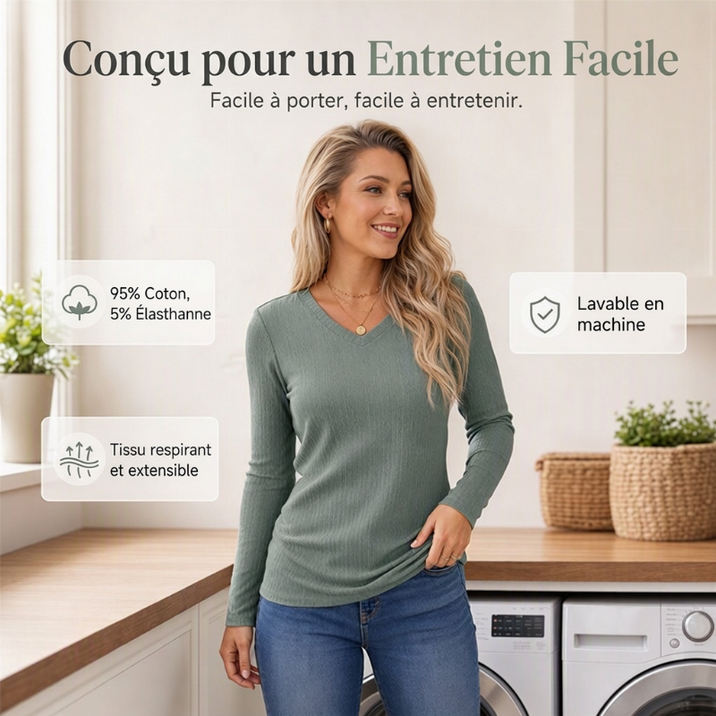 ✨ Haut en maille à col V pour femme, élégant : manches longues, maille texturée et facile à porter 🧶