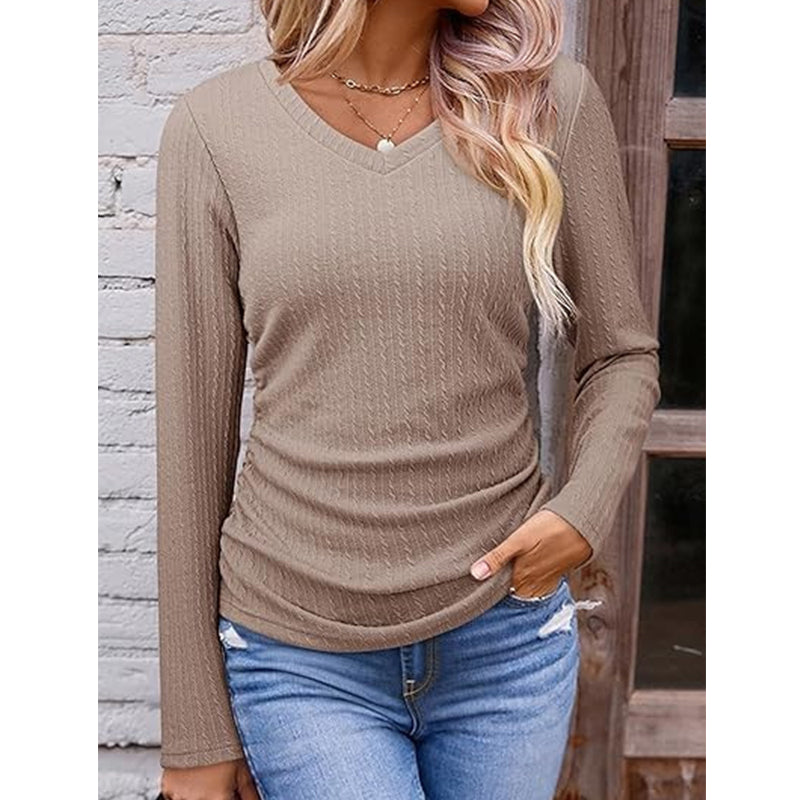 ✨ Haut en maille à col V pour femme, élégant : manches longues, maille texturée et facile à porter 🧶