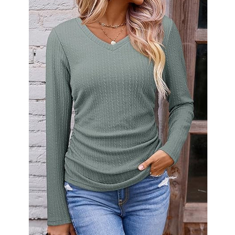 ✨ Haut en maille à col V pour femme, élégant : manches longues, maille texturée et facile à porter 🧶