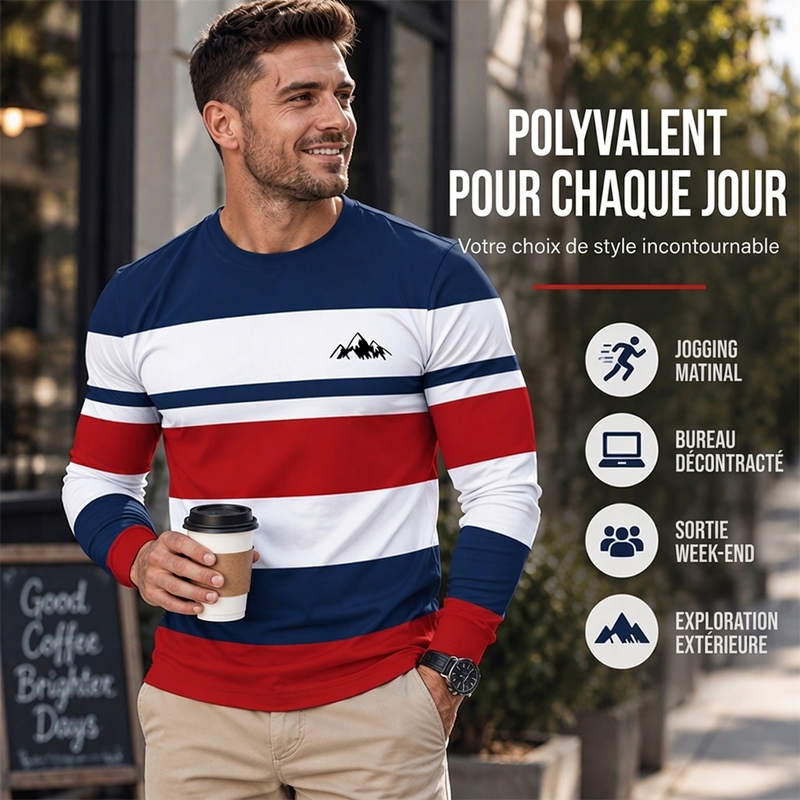 Haut à manches longues et col rond rayé pour homme