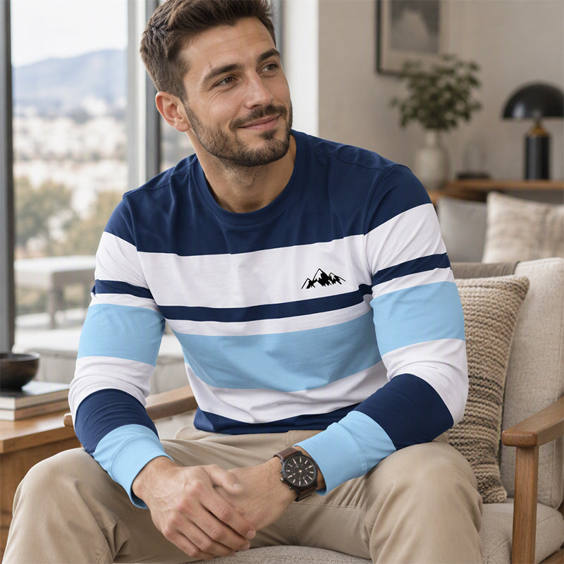 Haut à manches longues et col rond rayé pour homme