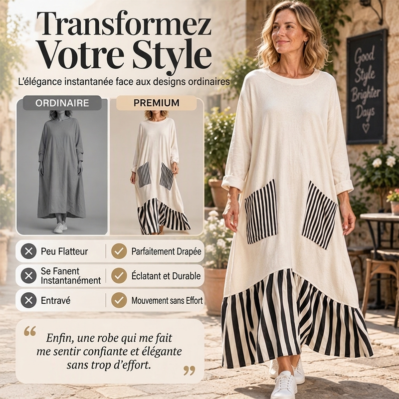 ⏰ Dernier jour des soldes – 52% DE RÉDUCTION ✨Robe longue à manches longues en patchwork rayé pour femme