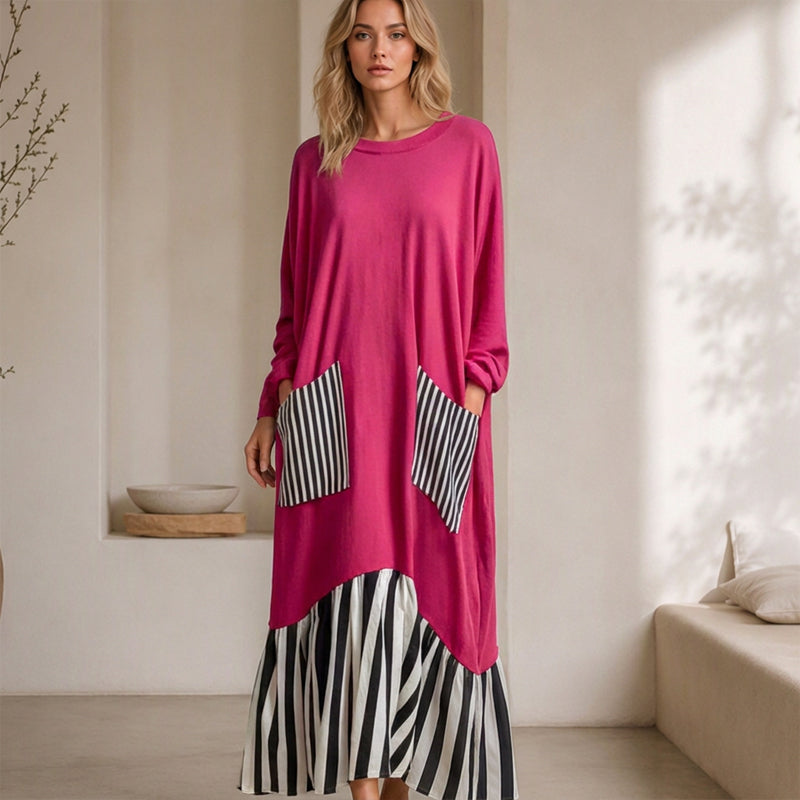 ⏰ Dernier jour des soldes – 52% DE RÉDUCTION ✨Robe longue à manches longues en patchwork rayé pour femme