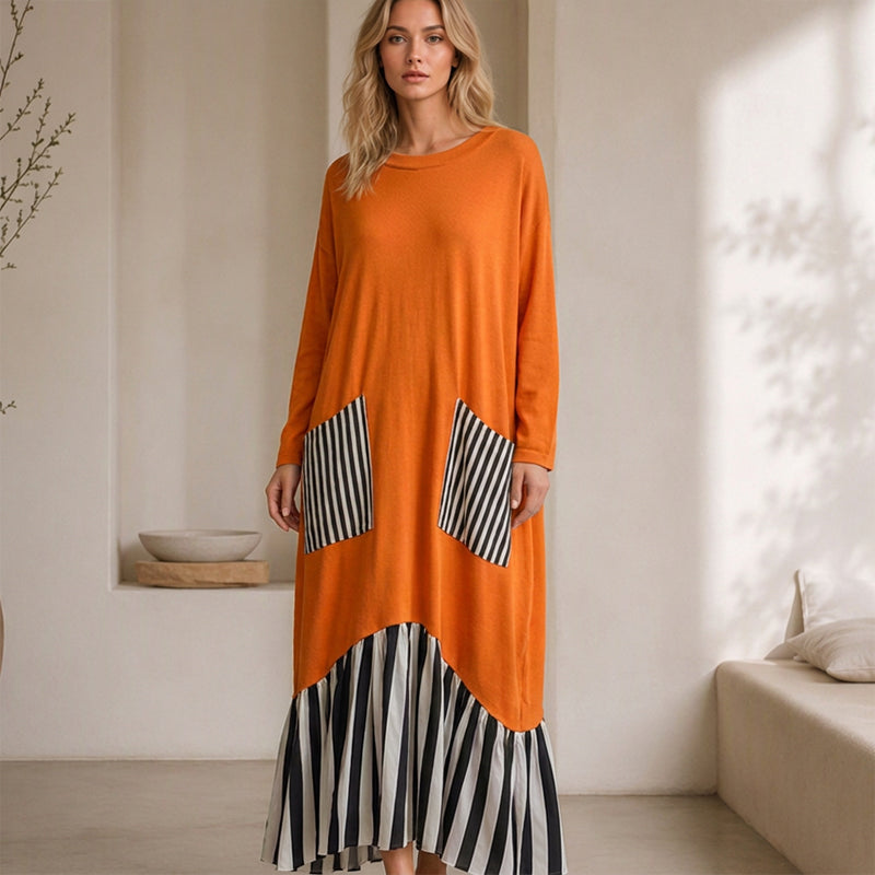 ⏰ Dernier jour des soldes – 52% DE RÉDUCTION ✨Robe longue à manches longues en patchwork rayé pour femme