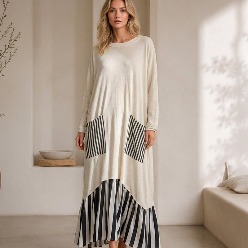 ⏰ Dernier jour des soldes – 52% DE RÉDUCTION ✨Robe longue à manches longues en patchwork rayé pour femme