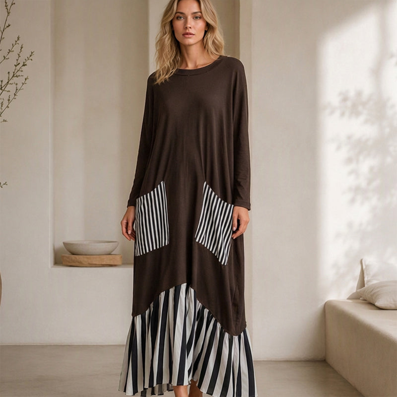 ⏰ Dernier jour des soldes – 52% DE RÉDUCTION ✨Robe longue à manches longues en patchwork rayé pour femme