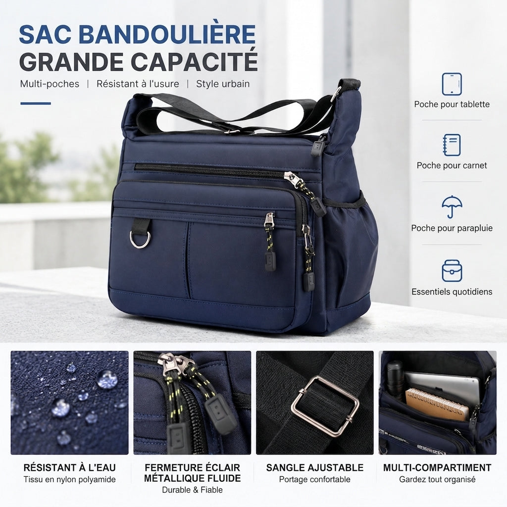 Sac bandoulière grande capacité pour homme, sac à bandoulière décontracté pour affaires à plusieurs poches et durable