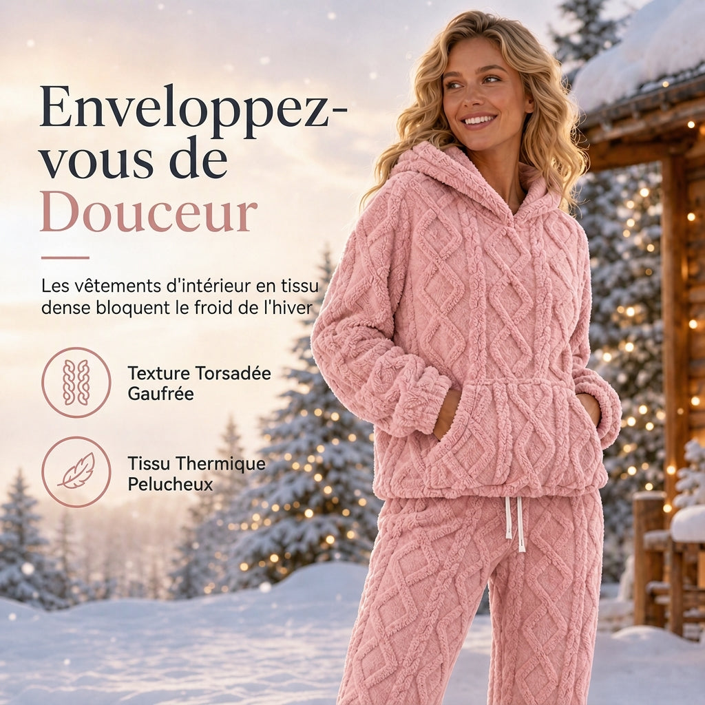 ❄️Ensemble de détente 2 pièces en tissu pelucheux pour femme, sweat à capuche et pantalon
