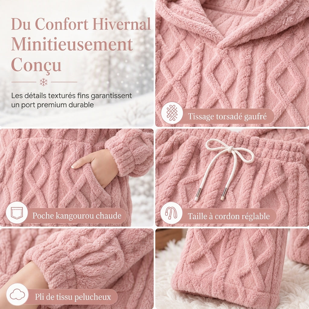 ❄️Ensemble de détente 2 pièces en tissu pelucheux pour femme, sweat à capuche et pantalon