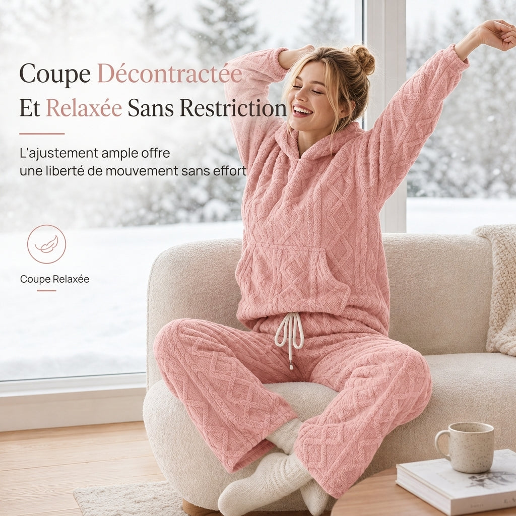 ❄️Ensemble de détente 2 pièces en tissu pelucheux pour femme, sweat à capuche et pantalon