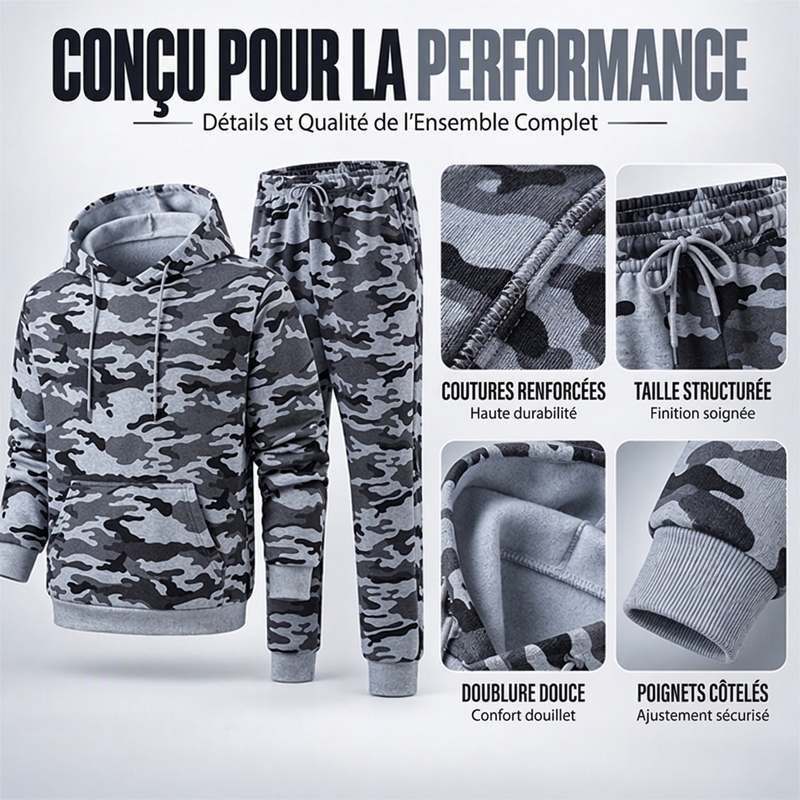 Ensemble à capuche et pantalon camouflage pour homme avec doublure en peluche