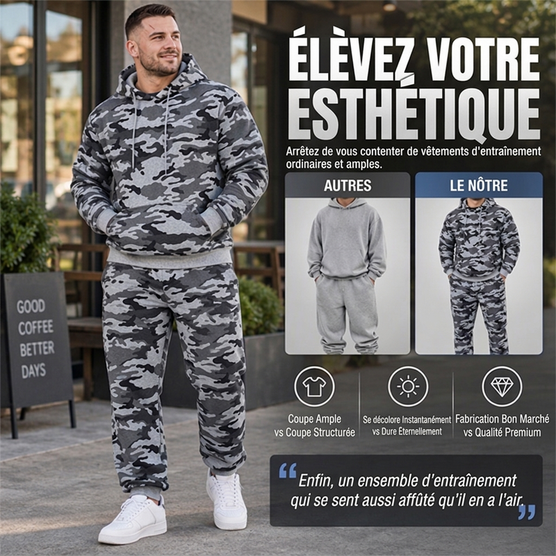 Ensemble à capuche et pantalon camouflage pour homme avec doublure en peluche