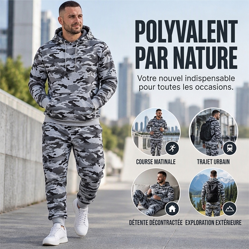 Ensemble à capuche et pantalon camouflage pour homme avec doublure en peluche