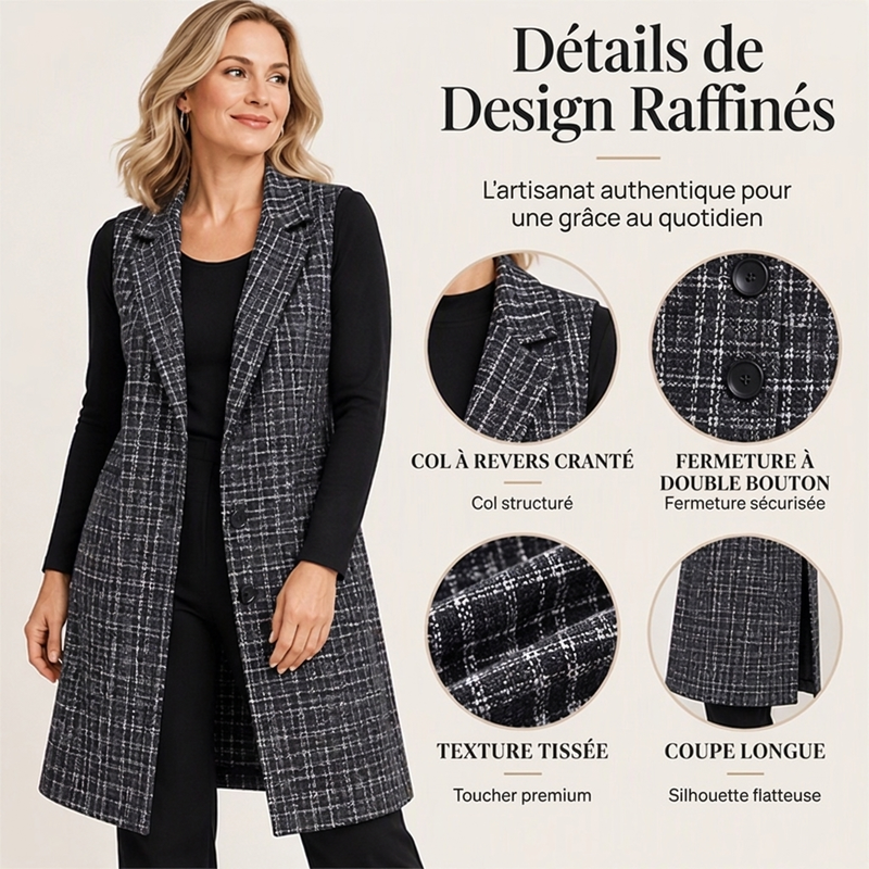 Gilet long à carreaux pour femme avec col à revers