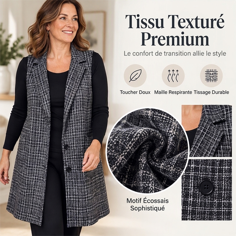 Gilet long à carreaux pour femme avec col à revers