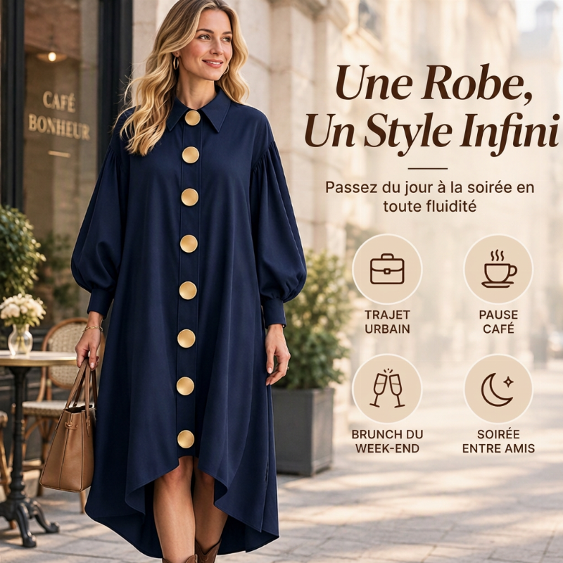 Robe Femme Vintage à Boutons et Manches Bouffantes