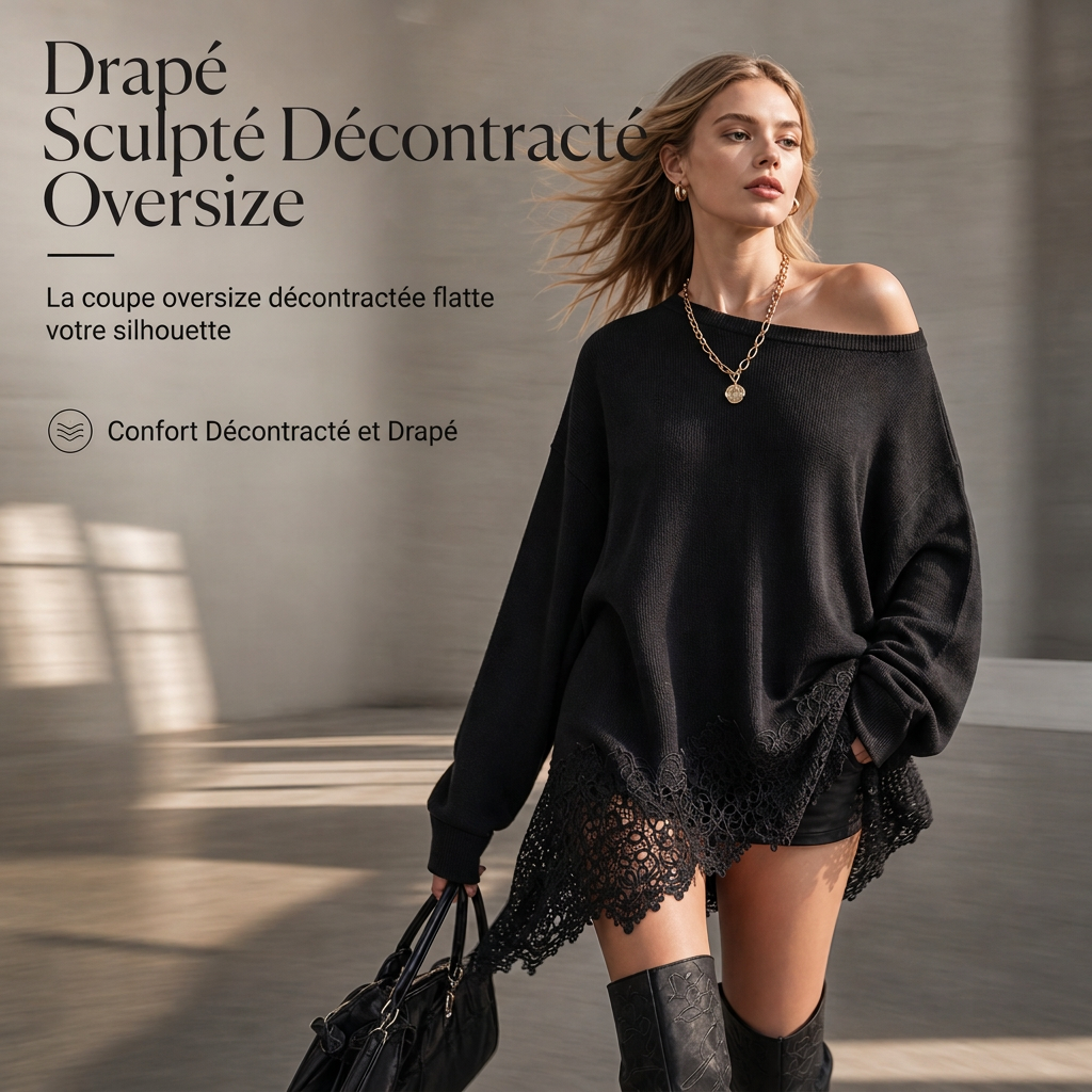 Robe pull oversize à épaules dénudées pour femme, avec bord asymétrique en dentelle florale