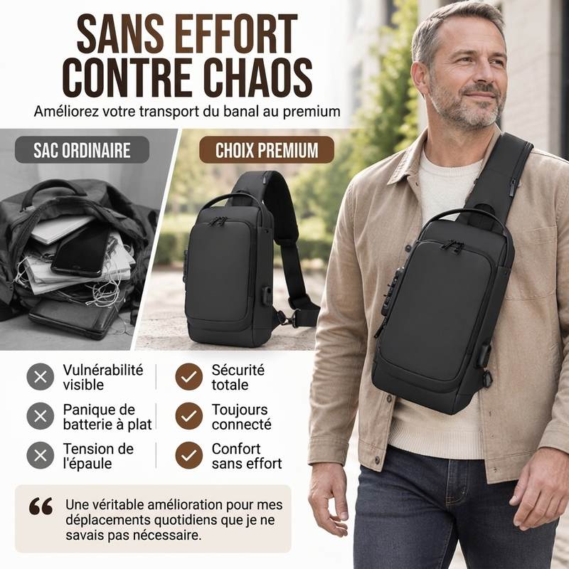 Sac bandoulière anti-vol avec port de charge USB pour hommes