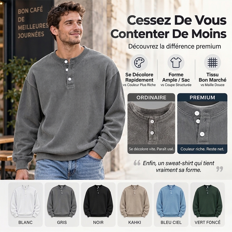 Haut Henley décontracté à manches longues en velours côtelé pour homme