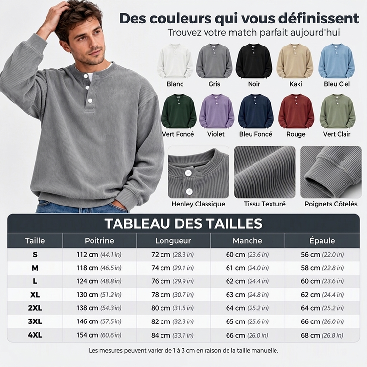 Haut Henley décontracté à manches longues en velours côtelé pour homme