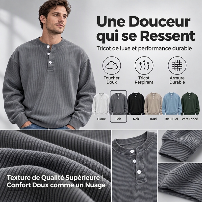 Haut Henley décontracté à manches longues en velours côtelé pour homme