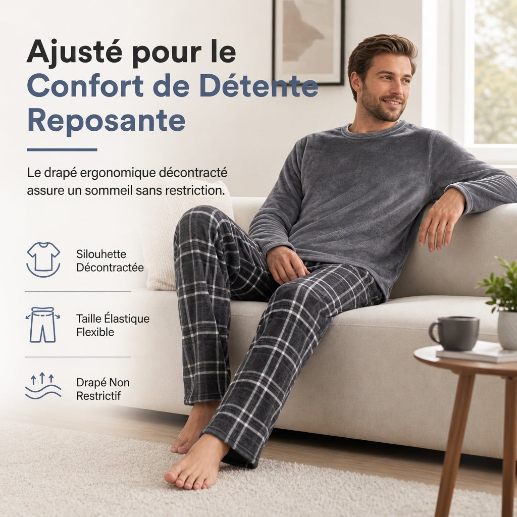 Ensemble Pyjama en Maille Douce et Moelleuse pour Homme, Haut Col Rond Uni et Pantalon à Carreaux