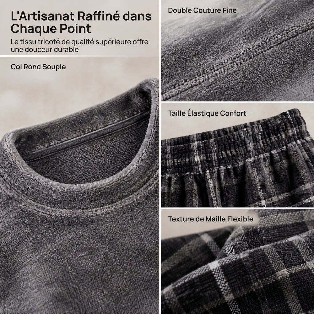 Ensemble Pyjama en Maille Douce et Moelleuse pour Homme, Haut Col Rond Uni et Pantalon à Carreaux