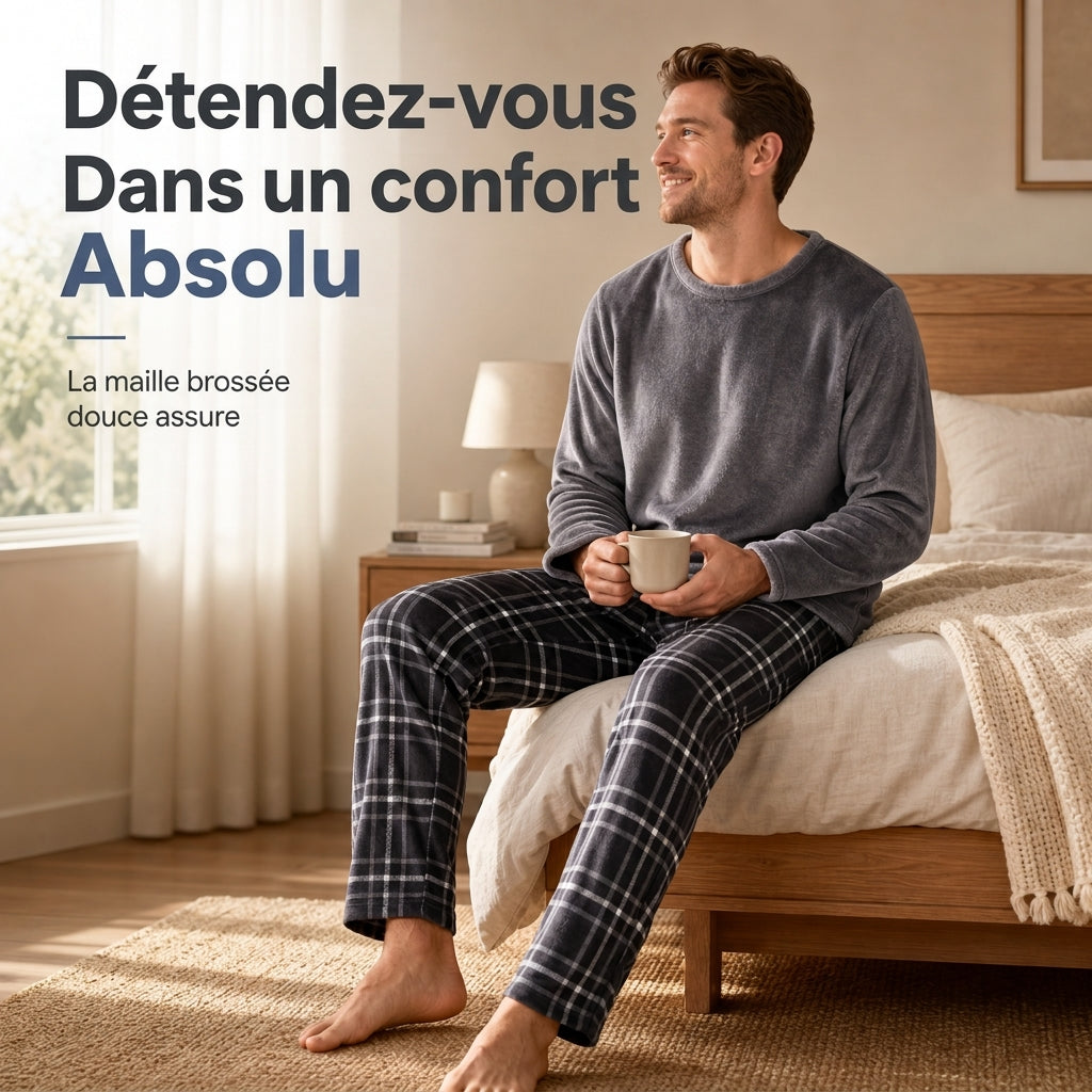 Ensemble Pyjama en Maille Douce et Moelleuse pour Homme, Haut Col Rond Uni et Pantalon à Carreaux