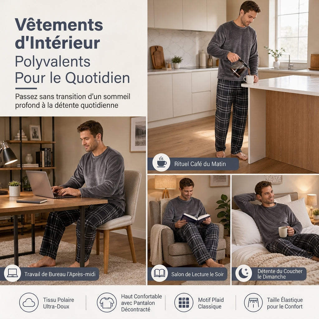 Ensemble Pyjama en Maille Douce et Moelleuse pour Homme, Haut Col Rond Uni et Pantalon à Carreaux