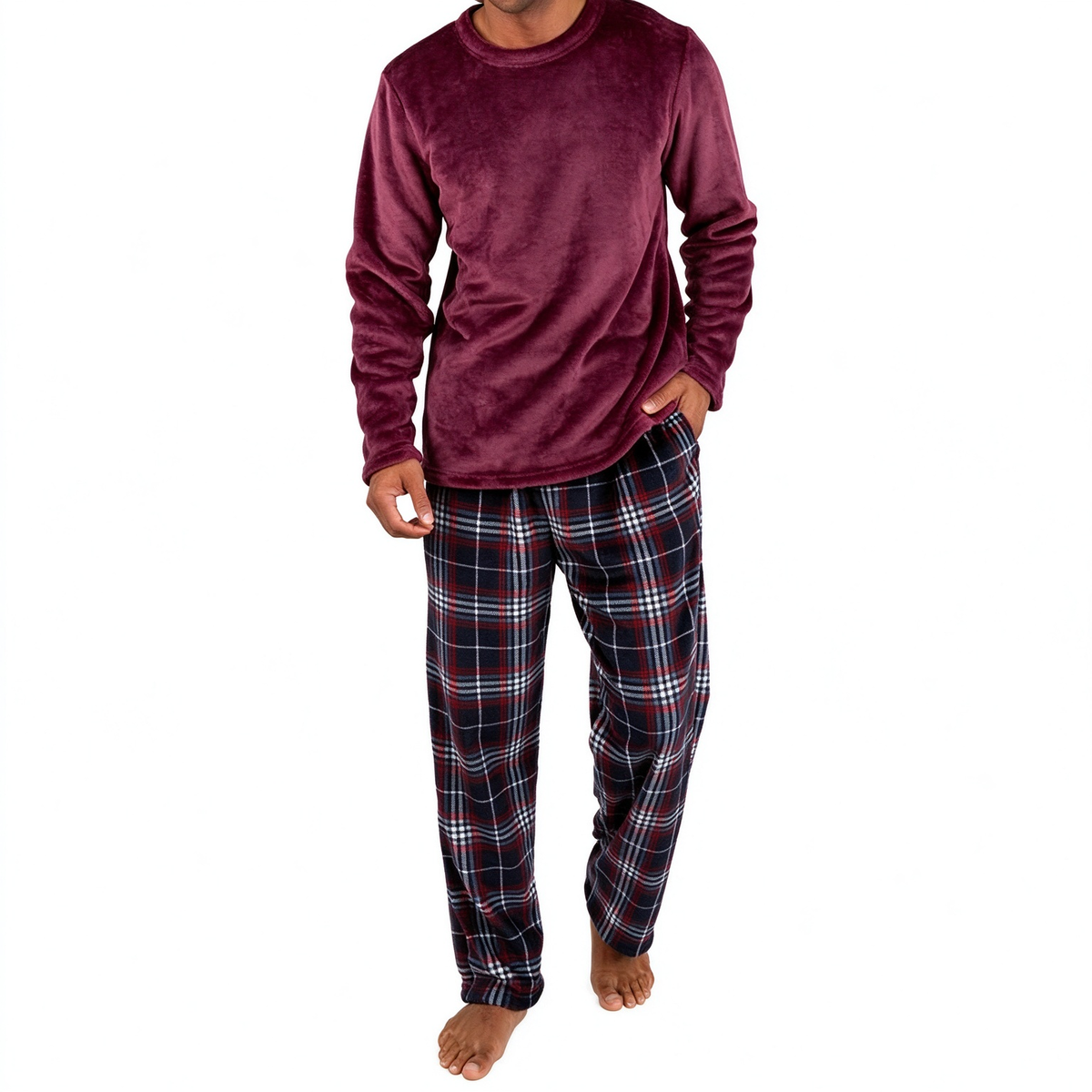 Ensemble Pyjama en Maille Douce et Moelleuse pour Homme, Haut Col Rond Uni et Pantalon à Carreaux