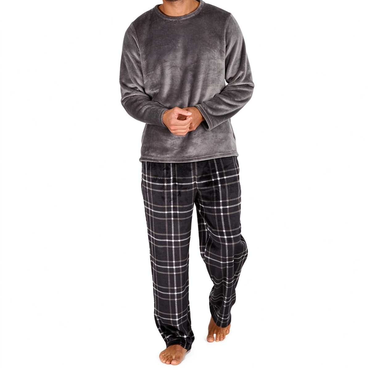 Ensemble Pyjama en Maille Douce et Moelleuse pour Homme, Haut Col Rond Uni et Pantalon à Carreaux
