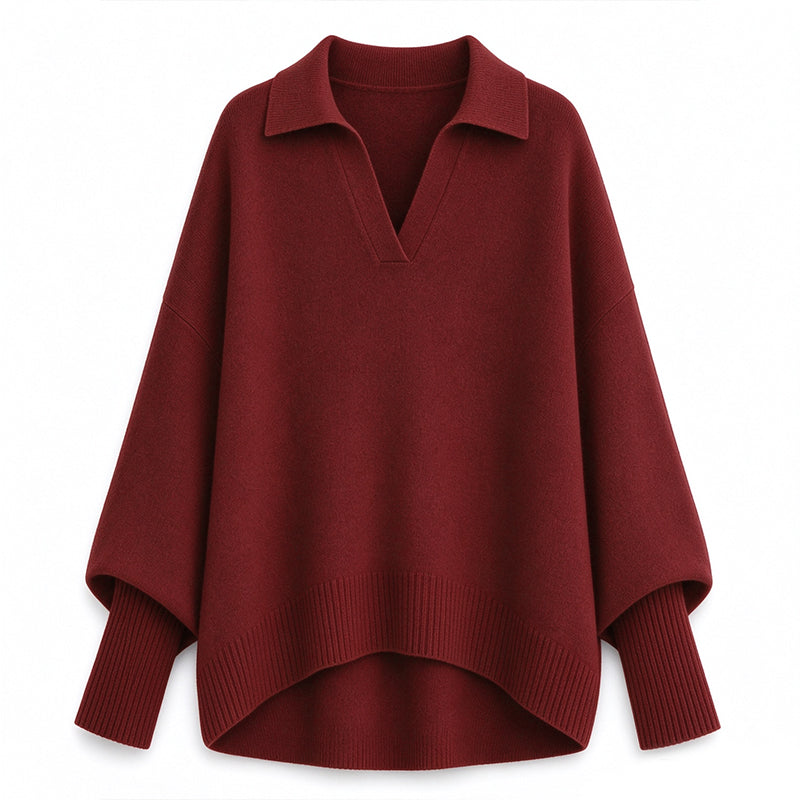 Pull en maille col rabattu coupe ample pour femme, tricot décontracté et souple, manches longues, couleur unie