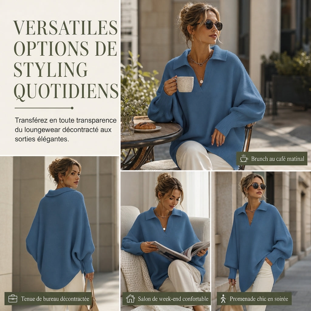 Pull en maille col rabattu coupe ample pour femme, tricot décontracté et souple, manches longues, couleur unie