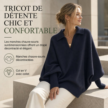 Pull en maille col rabattu coupe ample pour femme, tricot décontracté et souple, manches longues, couleur unie