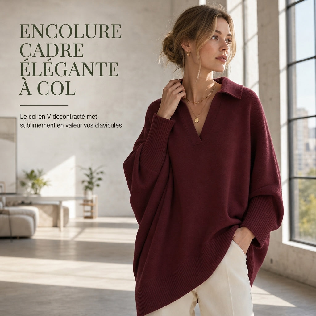 Pull en maille col rabattu coupe ample pour femme, tricot décontracté et souple, manches longues, couleur unie