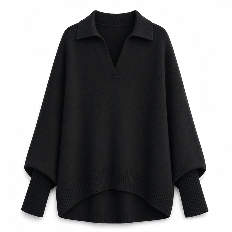 Pull en maille col rabattu coupe ample pour femme, tricot décontracté et souple, manches longues, couleur unie