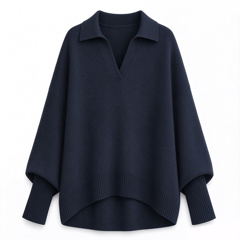 Pull en maille col rabattu coupe ample pour femme, tricot décontracté et souple, manches longues, couleur unie