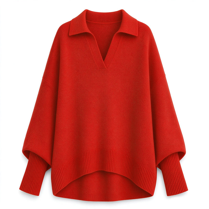Pull en maille col rabattu coupe ample pour femme, tricot décontracté et souple, manches longues, couleur unie