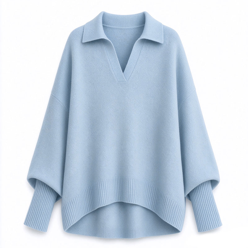 Pull en maille col rabattu coupe ample pour femme, tricot décontracté et souple, manches longues, couleur unie