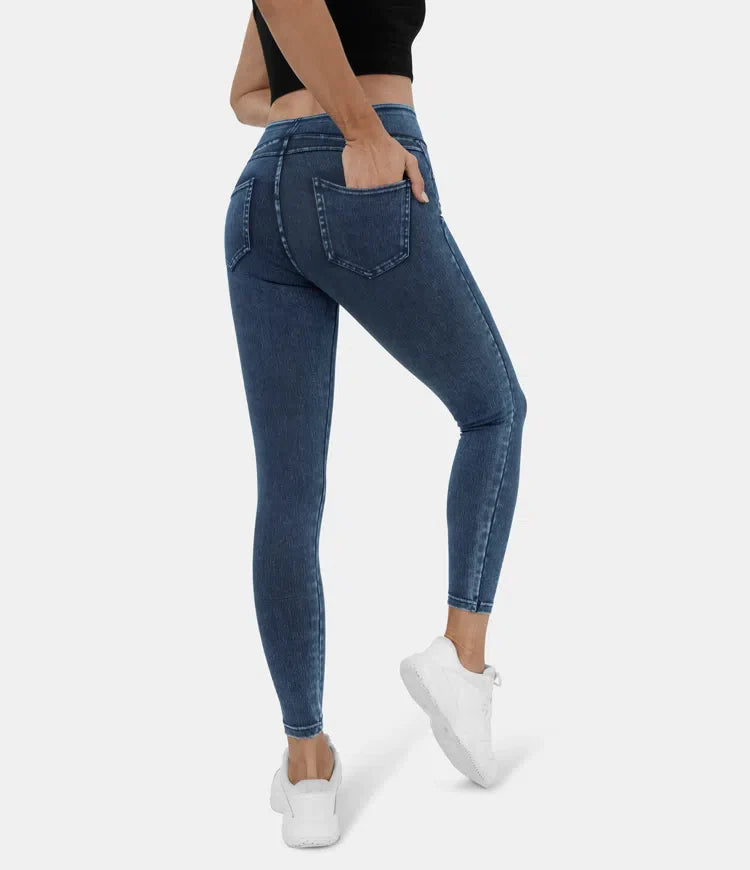 Leggings décontractés en denim tricoté extensible avec poche latérale arrière taille haute