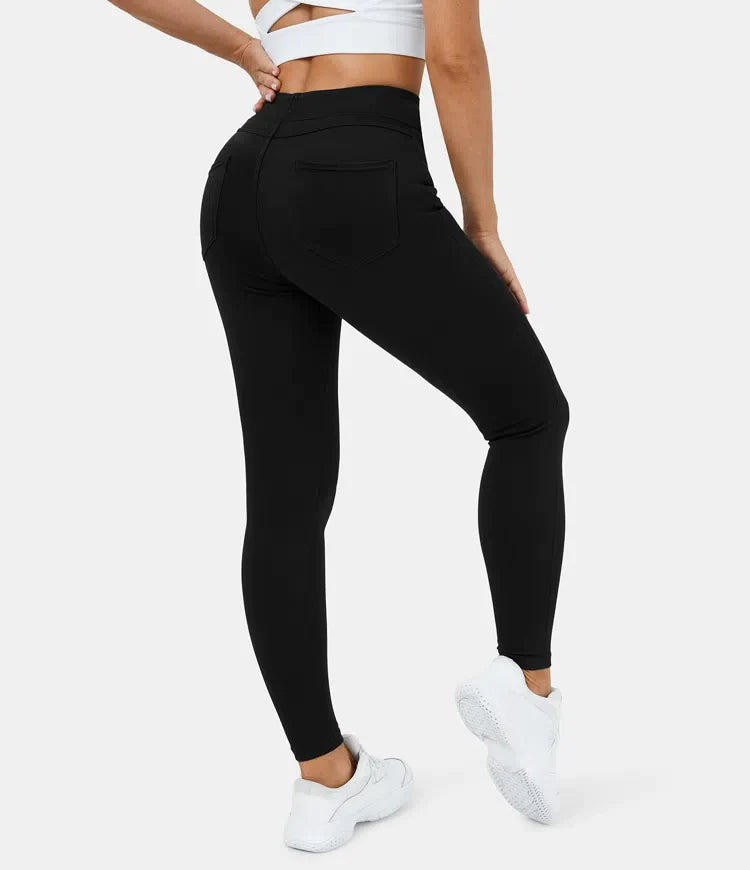 Leggings décontractés en denim tricoté extensible avec poche latérale arrière taille haute