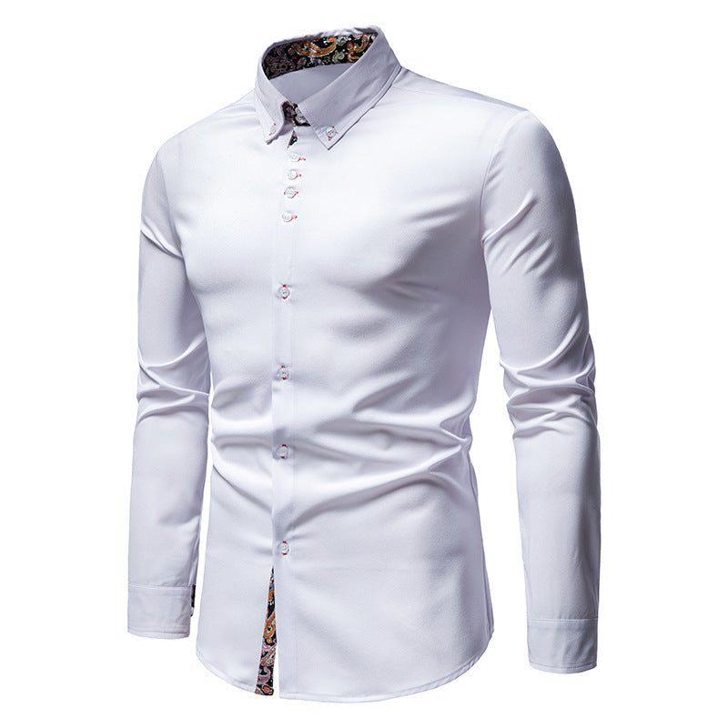 Chemise boutonnée à manches longues en satin brillant et jacquard floral noir pour homme Chemise boutonnée à manches longues en satin brillant et jacquard floral noir pour homme