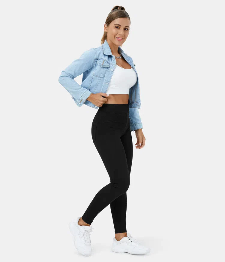 Leggings décontractés en denim tricoté extensible avec poche latérale arrière taille haute