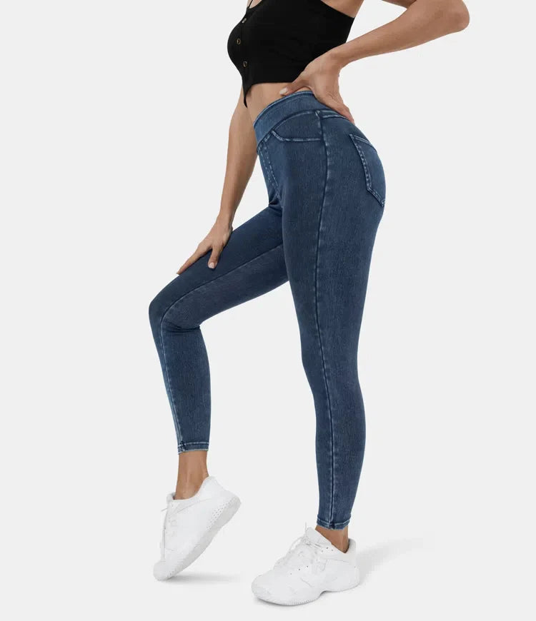 Leggings décontractés en denim tricoté extensible avec poche latérale arrière taille haute